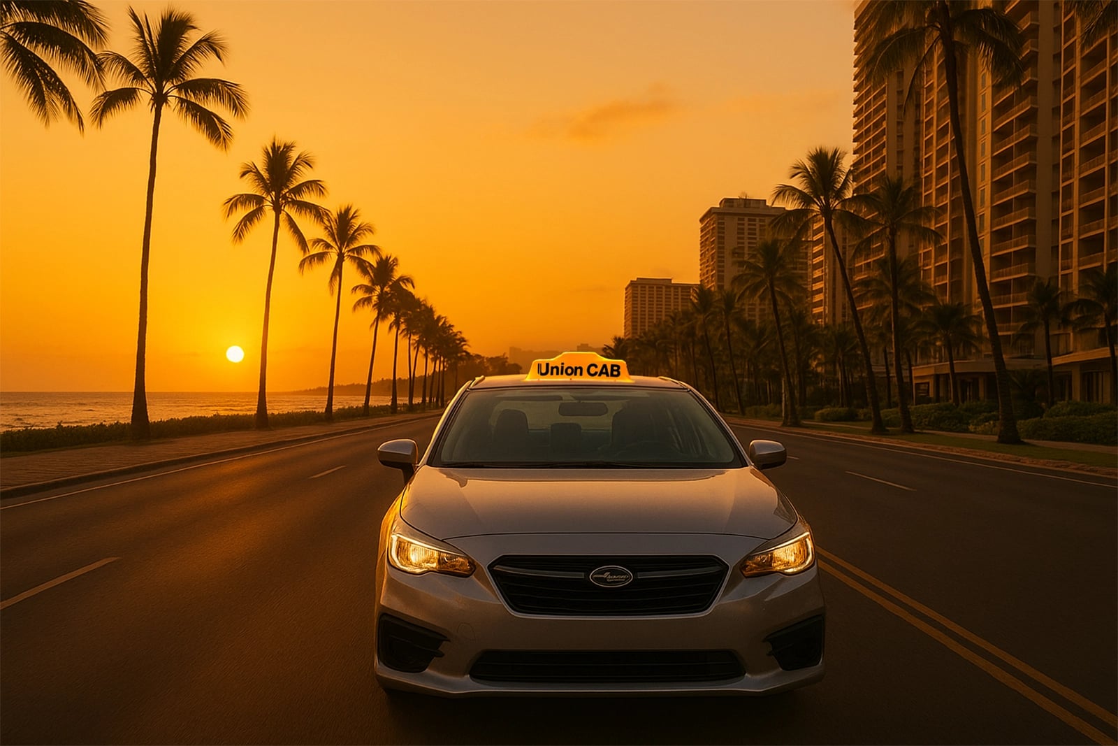 Union CAB taxi driving along a palm tree-lined road at sunset in Honolulu, Hawaii, showcasing reliable airport shuttle service